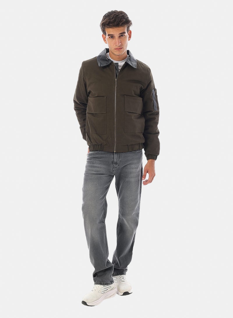 Andora Turn Down Collar Gabardine with Leather Accent Bomber Jacket - Dark Olive - Image 4