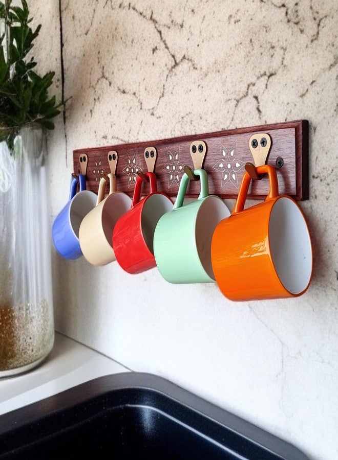 Treegift Wooden Wall Mount Cup Holder Coffee Mug Stand Utensil Rack Wall Hooks for Kitchen Wall with 5 Metal Hangers.Size-(18" × 2.5") inch, Sheesham Wood - Image 1
