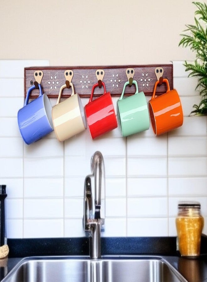 Treegift Wooden Wall Mount Cup Holder Coffee Mug Stand Utensil Rack Wall Hooks for Kitchen Wall with 5 Metal Hangers.Size-(18" × 2.5") inch, Sheesham Wood - Image 3