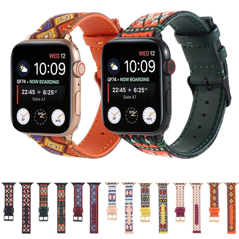 Ethnic Leather Watch Band For Apple Watch Series 7 41mm / 6 & SE & 5 & 4 40mm / 3 & 2 & 1 38mm(Black)