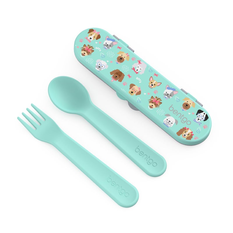 Bentgo Kids Utensil Set - Reusable Plastic Fork, Spoon & Storage Case - BPA-Free Materials, Easy-Grip Handles, Dishwasher Safe - Ideal for School Lunch, Travel, & Outdoors (Puppy Love) - Image 1