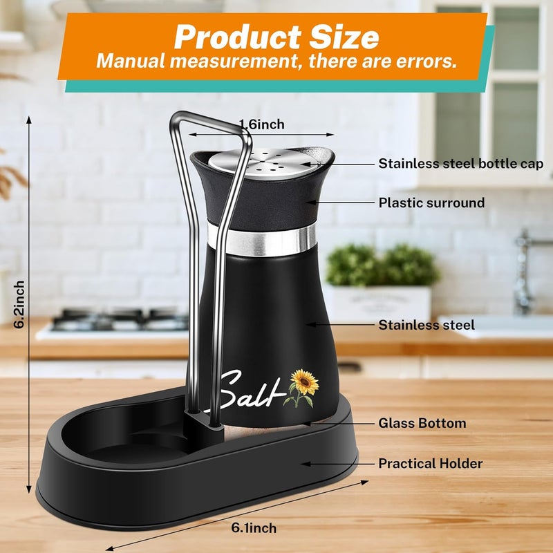 Arrozon Sunflower Salt and Pepper Shakers Set with Holder,4 oz Bottom Salt Shaker with Stainless Steel Lid for Kitchen Gadgets Cooking Table Housewarming Gift Christmas Decor Refillable Design (Black) - Image 2