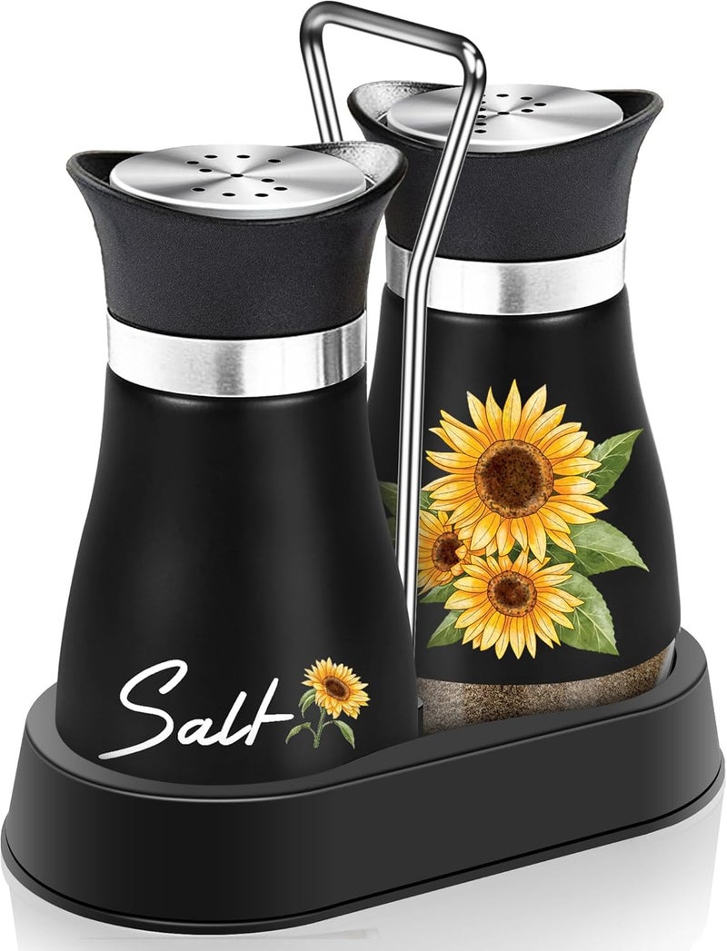 Arrozon Sunflower Salt and Pepper Shakers Set with Holder,4 oz Bottom Salt Shaker with Stainless Steel Lid for Kitchen Gadgets Cooking Table Housewarming Gift Christmas Decor Refillable Design (Black) - Image 1
