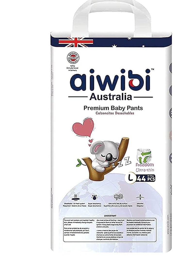 Aiwibi Ultra-Thin Premium Baby Pants Diaper, Super Soft and Ultra Thin,Anti-irritation Pants Royal Care Baby Nappy Pants, Super Absorption, 360 Stretchy Waistband (Large, 44, count)