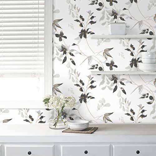 HeloHo Black and White Peel and Stick Wallpaper Modern Floral Wallpaper Leaf Self Adhesive Removable Wall Paper Boho Waterproof Contact Paper for Bathroom Living Room Bedroom Decor 15.35in x 78.7in - Image 3