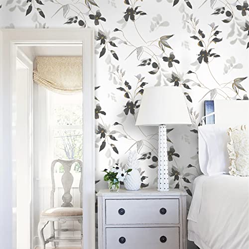 HeloHo Black and White Peel and Stick Wallpaper Modern Floral Wallpaper Leaf Self Adhesive Removable Wall Paper Boho Waterproof Contact Paper for Bathroom Living Room Bedroom Decor 15.35in x 78.7in - Image 2