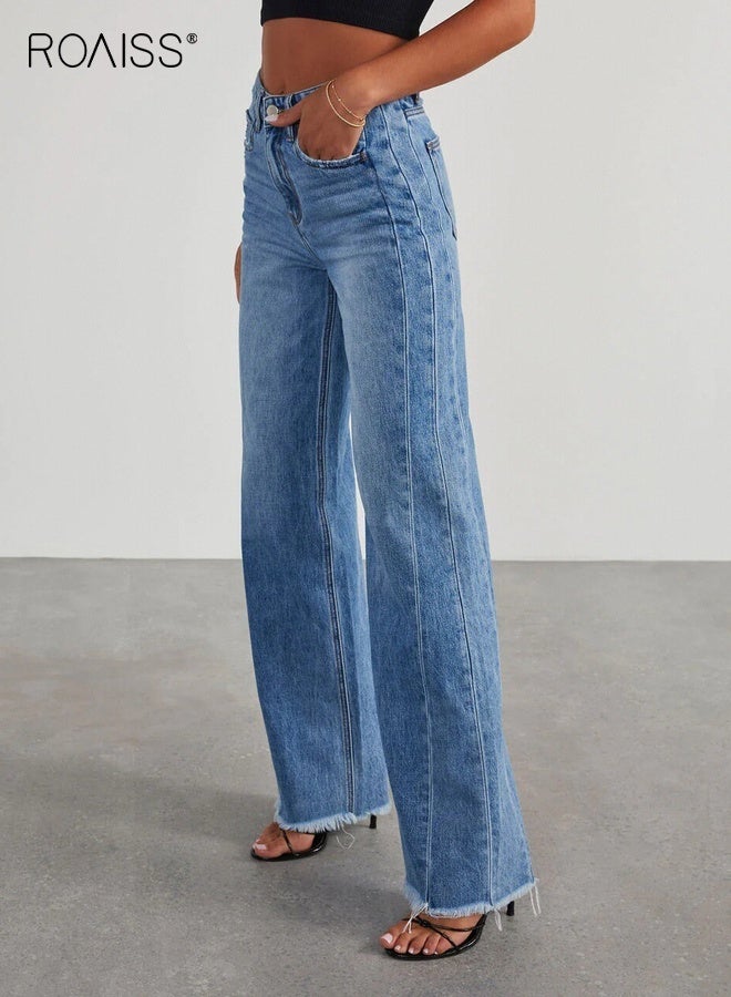 roaiss Women's Loose Fit High Waist Wide Leg Jeans Distressed Hem Side Seam Stitching Pants Comfort Stretch Denim Soft Breathable Fabric Modest Casual Trousers Everyday Wear Versatile Outfit Durable Design Easy Care - Image 4