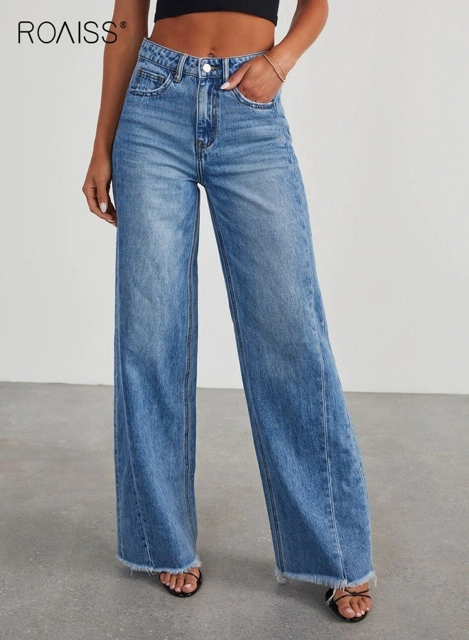 roaiss Women Straight Leg Jeans, Solid Denim Pants with Button and Zipper Closure, Classic Mid-waisted Slacks for Ladies, Comfortable Skin-Friendly Trousers with Pockets, Suitable for Daily Wear or Any Activity - Image 1