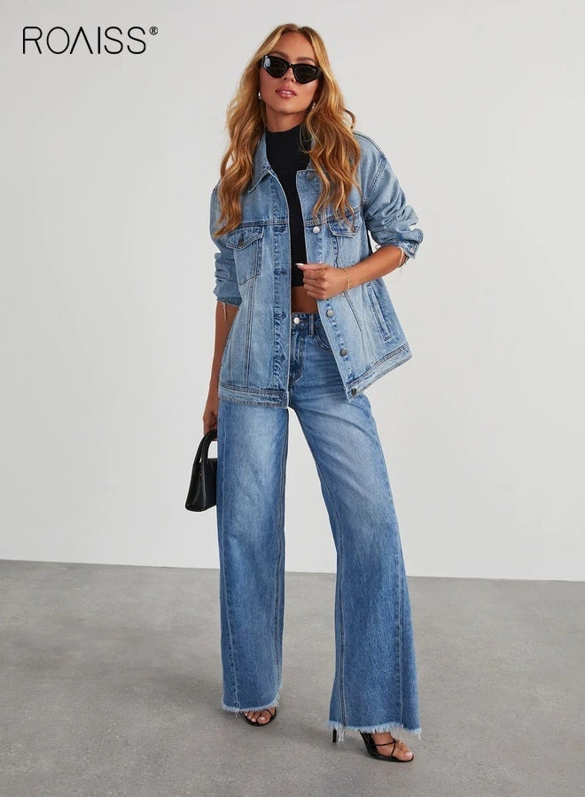 roaiss Women Straight Leg Jeans, Solid Denim Pants with Button and Zipper Closure, Classic Mid-waisted Slacks for Ladies, Comfortable Skin-Friendly Trousers with Pockets, Suitable for Daily Wear or Any Activity - Image 2