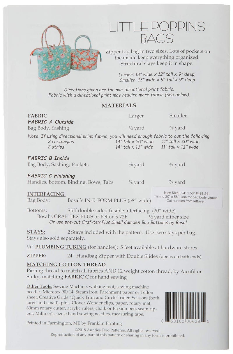 Aunties Two Little Poppins Bag Sewing Pattern with Two Bag Stays by Aunties Two - Image 2