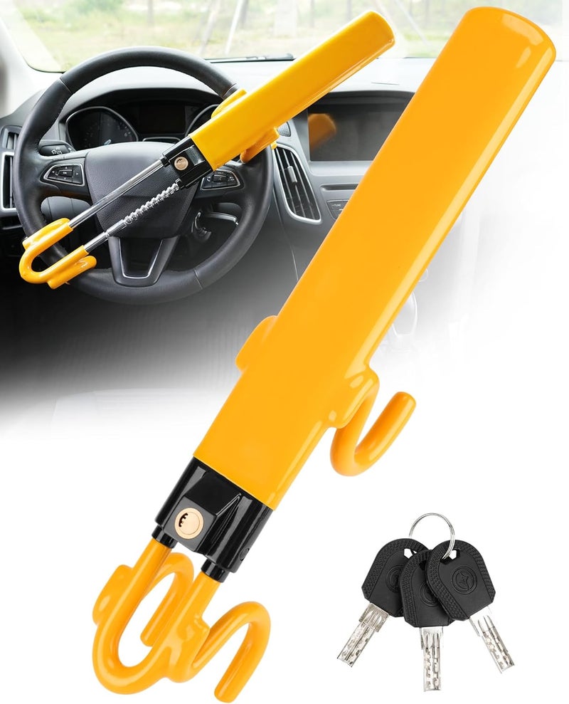 Tevlaphee Steering Wheel Lock Twin Bar - Heavy Duty Anti-Theft Device with Adjustable Length and 3 Keys (Yellow) - Image 1