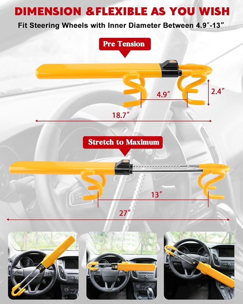 Tevlaphee Steering Wheel Lock Twin Bar - Heavy Duty Anti-Theft Device with Adjustable Length and 3 Keys (Yellow) - Image 2