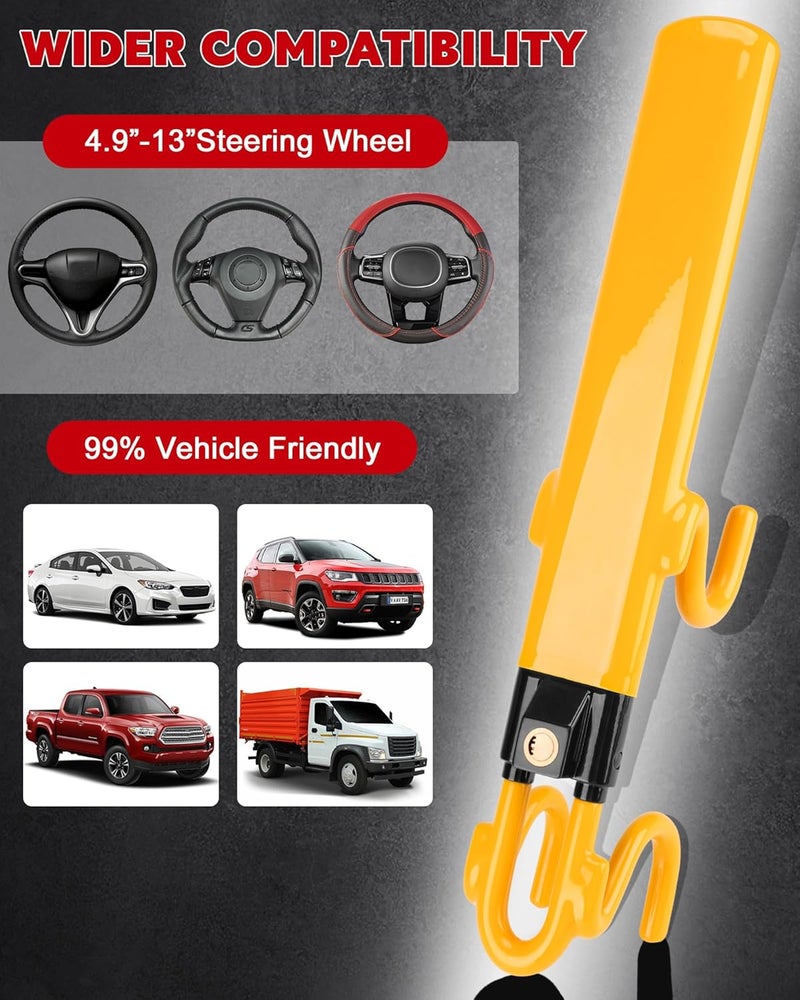 Tevlaphee Steering Wheel Lock Twin Bar - Heavy Duty Anti-Theft Device with Adjustable Length and 3 Keys (Yellow) - Image 5