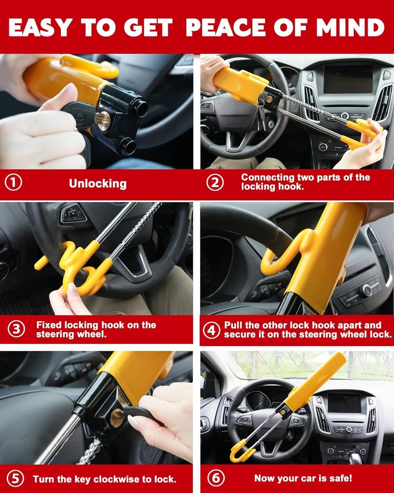 Tevlaphee Steering Wheel Lock Twin Bar - Heavy Duty Anti-Theft Device with Adjustable Length and 3 Keys (Yellow) - Image 4