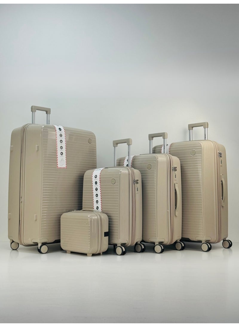SAW & SEE 5-Piece PP Luggage Set with Makeup Kit – Lightweight Polypropylene Fashion Trolley Luggage Expandable Unbreakable Hard Shell with TSA Approved Lock, Anti-theft Security Zipper, 14" Makeup box and 4 Quiet 360° Double Spinner Wheels – 14"/20" / 24" / 28"/32" ( 5kg/12kg/23kg/35kg/45kg ) - BEIGE