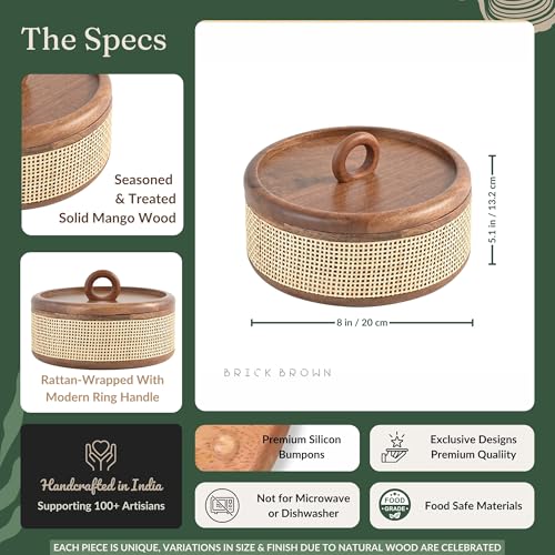 Brick Brown® Tresso Wooden Roti Box with Cane Weave | Chapati Box for Kitchen | Roti Casserole Hot Pot with Lid | Case Roti Dabba Server for Dining Table | Handmade Roti Container (8x8x5 in) - Image 5