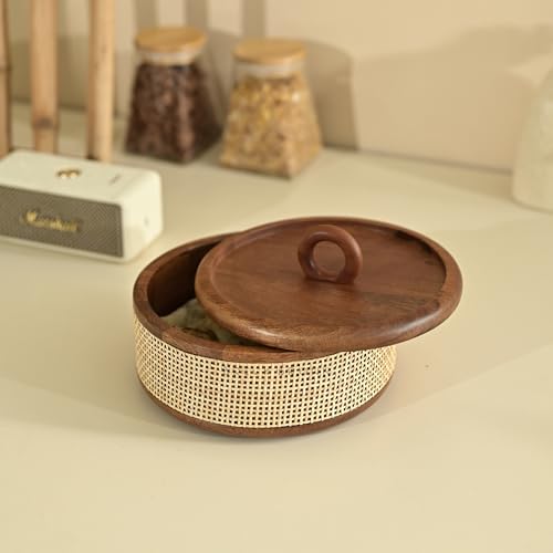 Brick Brown® Tresso Wooden Roti Box with Cane Weave | Chapati Box for Kitchen | Roti Casserole Hot Pot with Lid | Case Roti Dabba Server for Dining Table | Handmade Roti Container (8x8x5 in) - Image 1