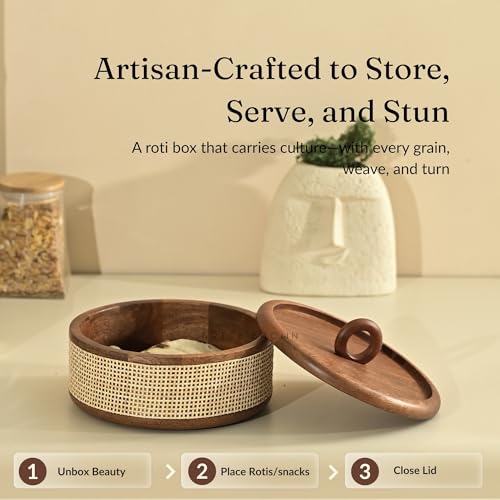 Brick Brown® Tresso Wooden Roti Box with Cane Weave | Chapati Box for Kitchen | Roti Casserole Hot Pot with Lid | Case Roti Dabba Server for Dining Table | Handmade Roti Container (8x8x5 in) - Image 2