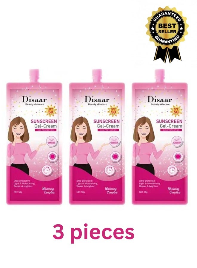 Disaar 3 قطع من كريم جل واقي الشمس ديسار SPF50 50 جرام لكل منها حماية شاملة من الشمس للوجه والجسم خفيف الوزن وغير دهني لجميع أنواع البشرة - Image 1
