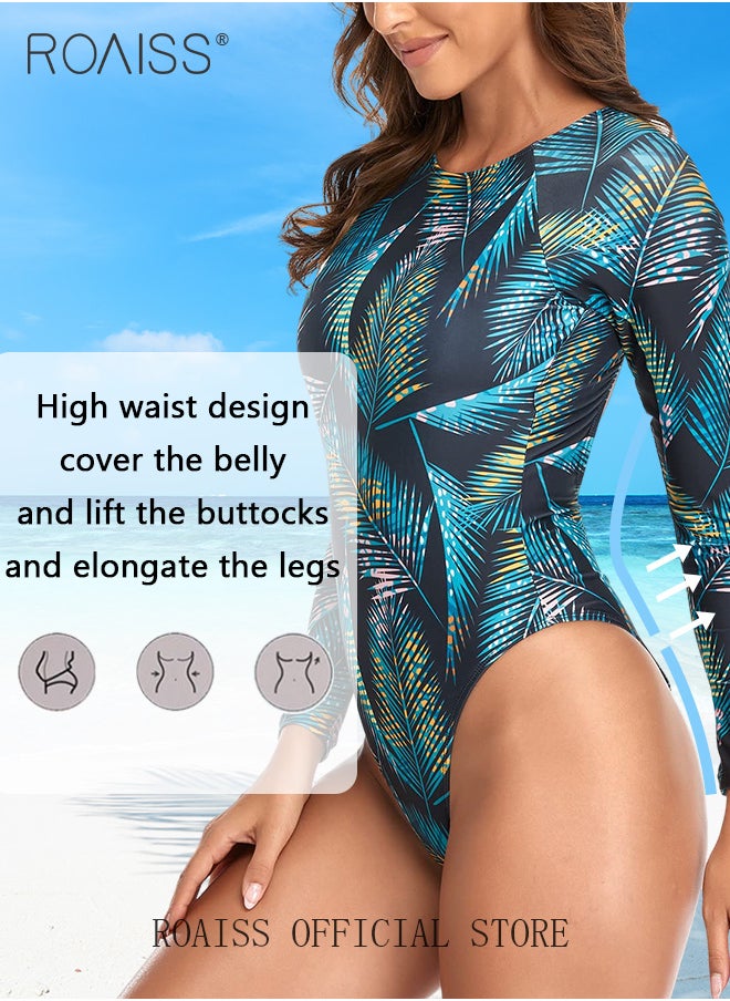 roaiss - Women Backless One Piece Swimsuit with High Slit Shorts One Piece Beachwear Women Long Sleeved Sun Protection Surfing Wetsuit - Image 1