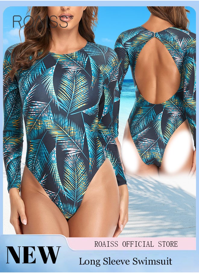 roaiss - Women Backless One Piece Swimsuit with High Slit Shorts One Piece Beachwear Women Long Sleeved Sun Protection Surfing Wetsuit - Image 1