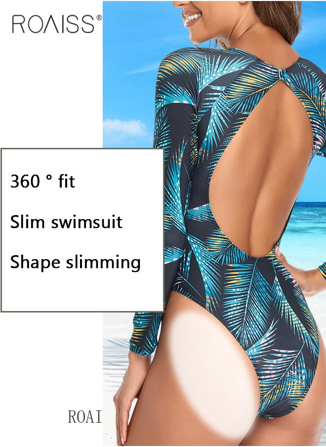 roaiss - Women Backless One Piece Swimsuit with High Slit Shorts One Piece Beachwear Women Long Sleeved Sun Protection Surfing Wetsuit - Image 1