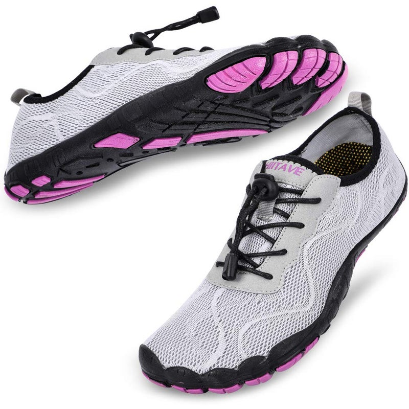 HIITAVE Women Water Shoes Quick Dry Barefoot Aqua Socks River Beach Swim Diving Surf Pool Yoga Light Gray/Purple 8.5 M US Women - Image 1