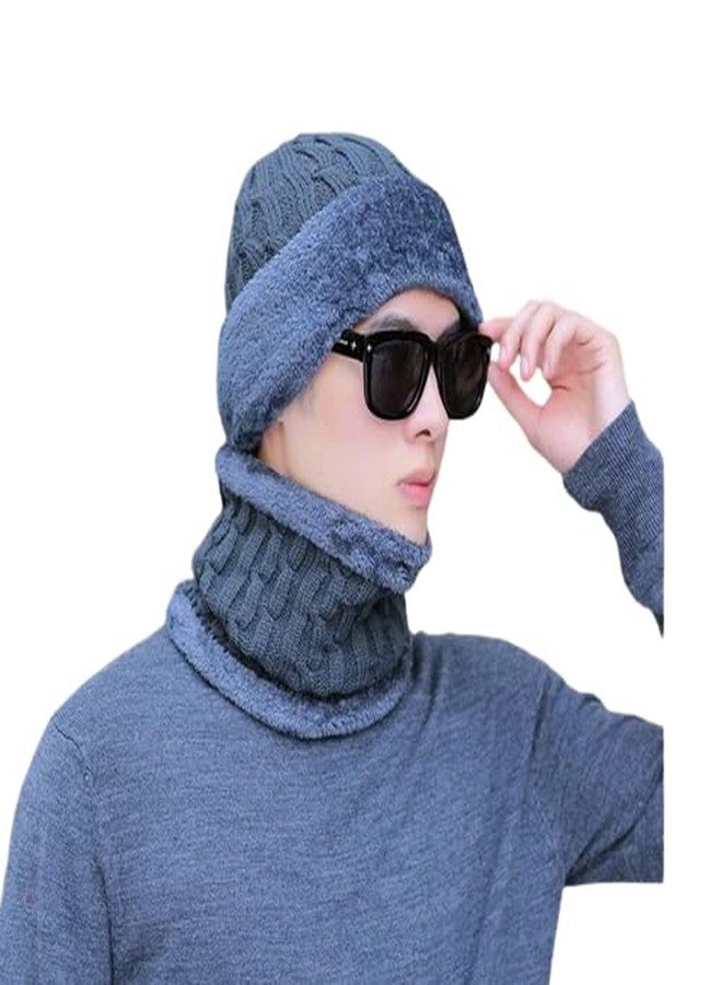 Dressify® 2 in 1 Knitted Middle Age Men/Gentlemen Pullover Cap Ear Protection Outdoor Wool Warm Windproof Hat/Cap with Scarf Grey Color - Image 1