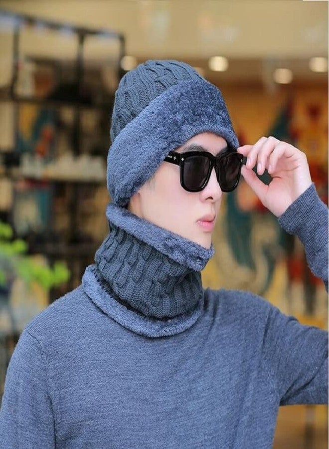 Dressify® 2 in 1 Knitted Middle Age Men/Gentlemen Pullover Cap Ear Protection Outdoor Wool Warm Windproof Hat/Cap with Scarf Grey Color - Image 3