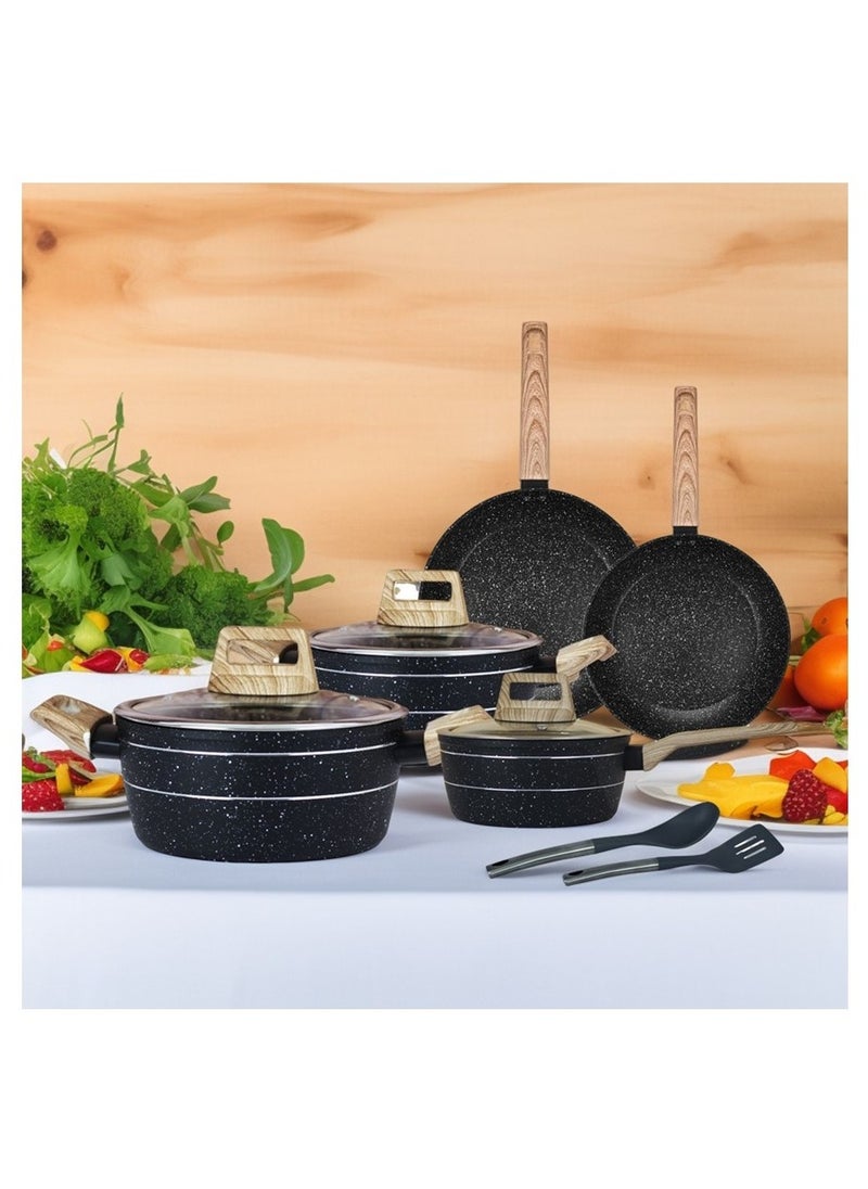 Auroware 10 Piece Auroware Non Stick Cookware Set Forged Aluminum Pot and Pans Wood Finish Handle Tempered Glass PFOA Free Casserole with Lid Frying Pan Sauce pan Kitchen Tools Black  - Image 1