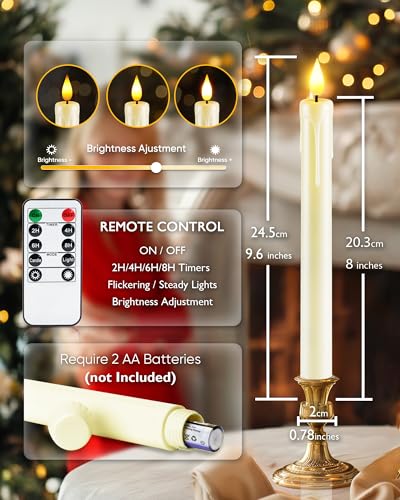 Homemory 12 Pcs Plastic Flameless Taper Candles with Remote Timer Dimmer, Ivory Led Candlesticks with Flickering Flame Light, Lifelike Taper Candles Battery Operated for Indoor Decoration 9.6 Inches - Image 3