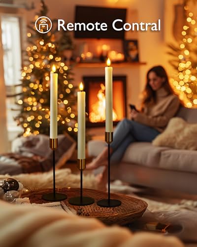 Homemory 12 Pcs Plastic Flameless Taper Candles with Remote Timer Dimmer, Ivory Led Candlesticks with Flickering Flame Light, Lifelike Taper Candles Battery Operated for Indoor Decoration 9.6 Inches - Image 4