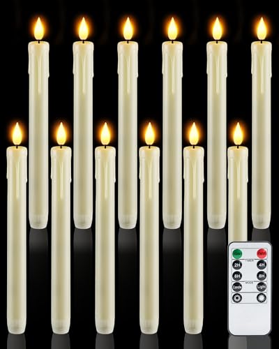 Homemory 12 Pcs Plastic Flameless Taper Candles with Remote Timer Dimmer, Ivory Led Candlesticks with Flickering Flame Light, Lifelike Taper Candles Battery Operated for Indoor Decoration 9.6 Inches - Image 1