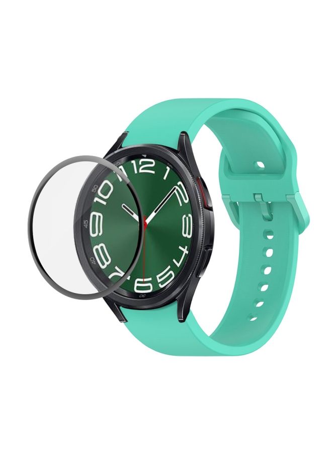 Replacement Strap For Samsung Galaxy Watch6 Classic 47mm JUNSUNMAY Silicone Adjustable Strap + Full Coverage PMMA Screen Protector Kit Cyan