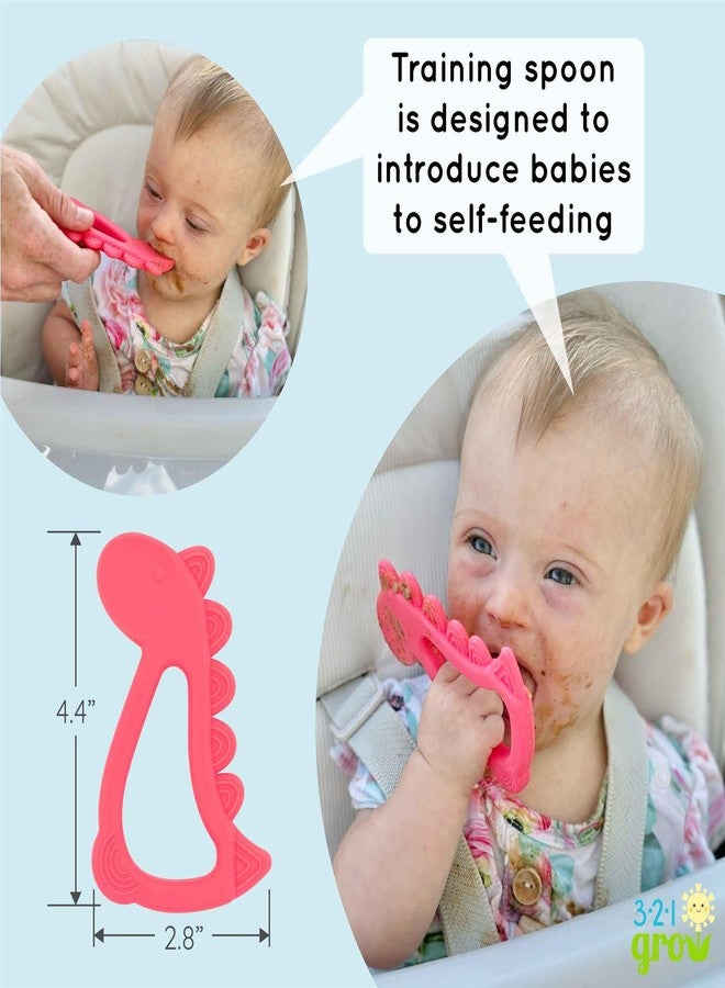 321 Grow Easy Learn Dino Spoon – Baby’s First Self-Feeding Spoon – 2-Sided Silicone Training Utensil for Coordination Development– Easy to Hold – Textured for Purees – 4+ months (Honeydew) - Image 2