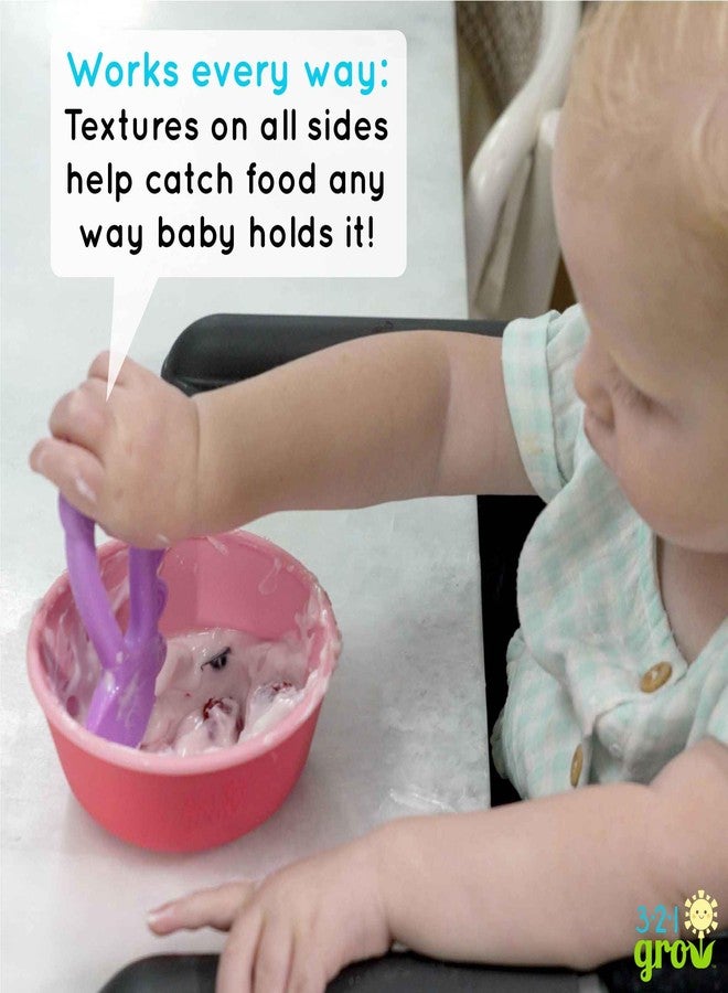 321 Grow Easy Learn Dino Spoon – Baby’s First Self-Feeding Spoon – 2-Sided Silicone Training Utensil for Coordination Development– Easy to Hold – Textured for Purees – 4+ months (Honeydew) - Image 4
