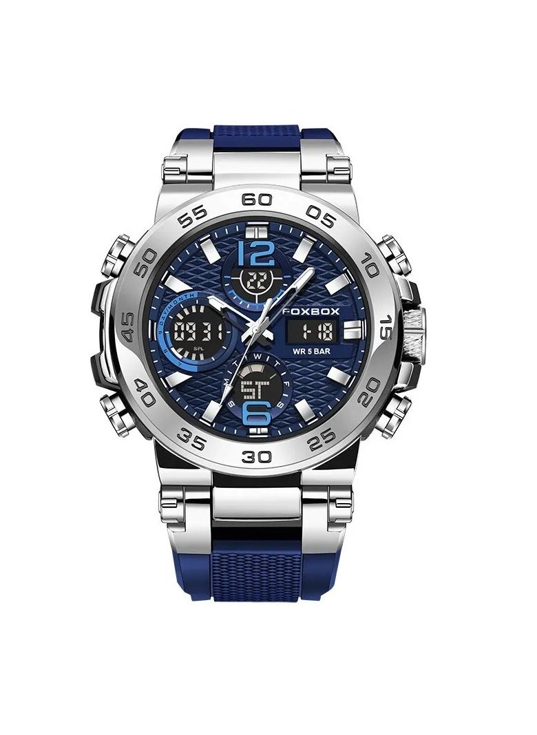 FOXBOX - Dual Display Electronic Watch, Fashionable And Cool Multifunctional Silicone Glow Men's Watch, Sport Leisure Waterproof Business Watch, Military Chronograph Wrist Watch For Men, (Silver Blue) - Image 1