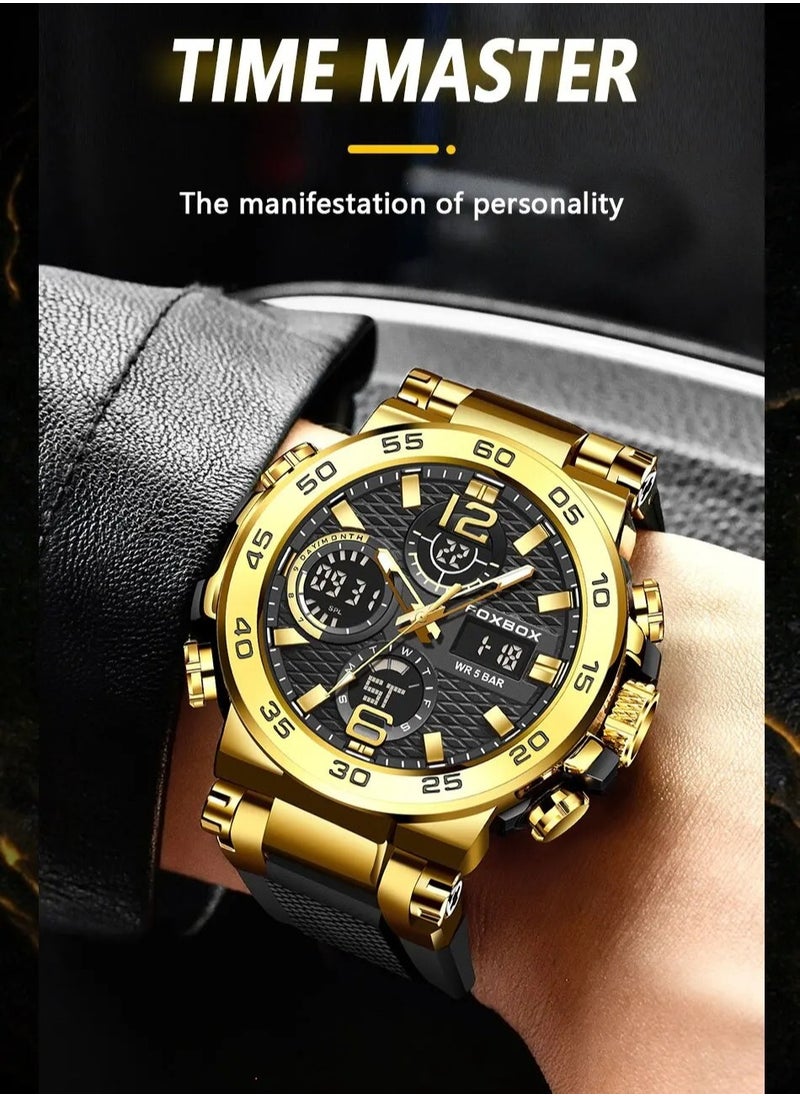 FOXBOX - Dual Display Electronic Watch, Fashionable And Cool Multifunctional Silicone Glow Men's Watch, Sport Leisure Waterproof Business Watch, Military Chronograph Wrist Watch For Men, (Silver Blue) - Image 1