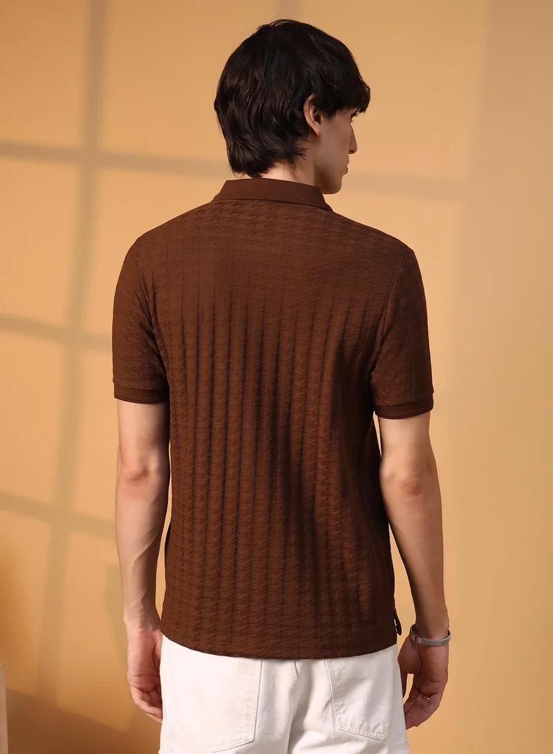 Campus Sutra Men's Coffee Brown Houndstooth-Textured Polo T-Shirt