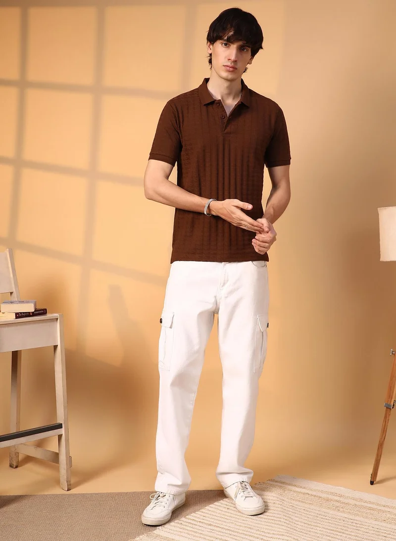 Campus Sutra Men's Coffee Brown Houndstooth-Textured Polo T-Shirt