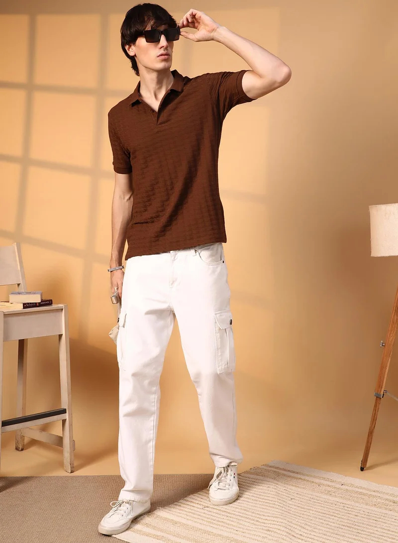 Campus Sutra Men's Coffee Brown Houndstooth-Textured Polo T-Shirt