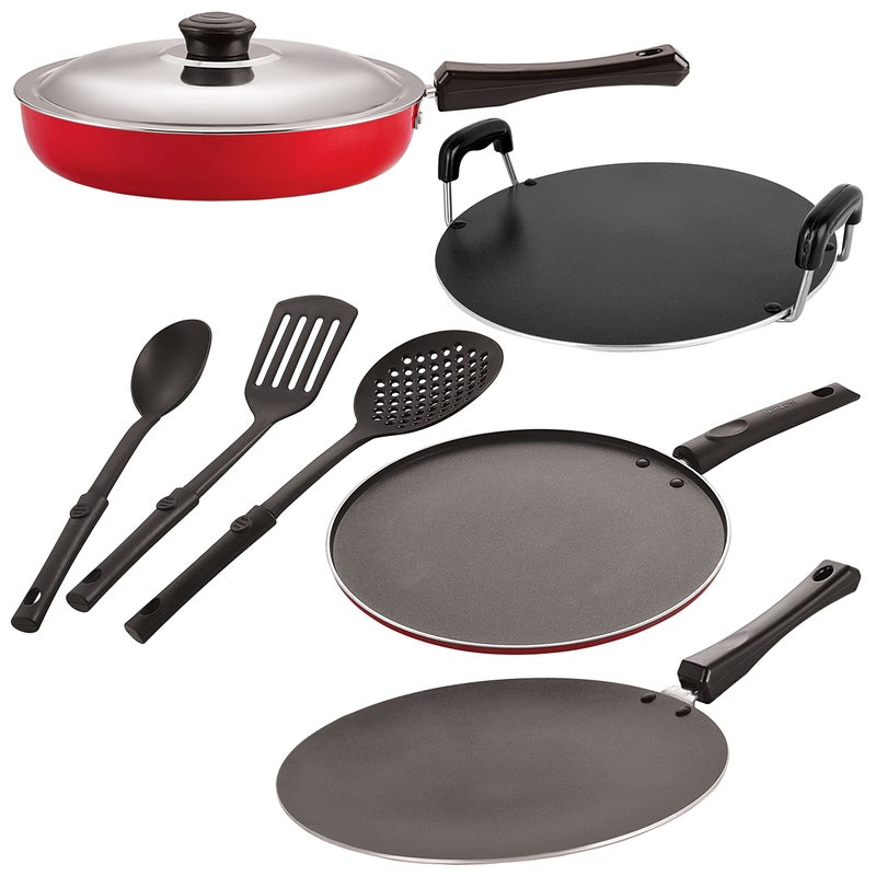 NIRLON Nonstick Coated Aluminium 7 Pcs Set of Concave Tawa-28.5cm,Fry Pan-24cm,Round Tawa-28.5cm,Smart Tawa-29cm & 3 Spoon (2.6mm_CT12_FP12_RT_ST12_3SPN) - Image 1