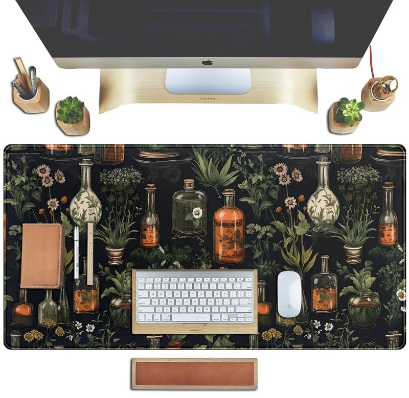 TENG DA QING Black Aesthetics Desk Mat Mouse Pad Large Gaming Mouse Pad Desk Pad Mousepad, Mystical Green Plant Computer Laptop Keyboard and Mouse Mat, Desktop Protector Mat for Women Girl Office 31.5x15.8 in - Image 4