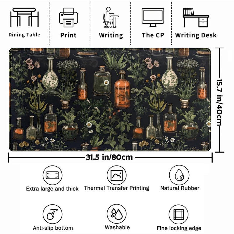 TENG DA QING Black Aesthetics Desk Mat Mouse Pad Large Gaming Mouse Pad Desk Pad Mousepad, Mystical Green Plant Computer Laptop Keyboard and Mouse Mat, Desktop Protector Mat for Women Girl Office 31.5x15.8 in - Image 2
