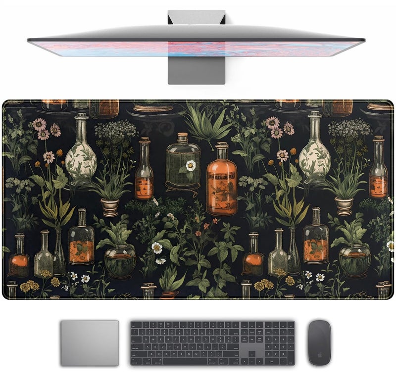 TENG DA QING Black Aesthetics Desk Mat Mouse Pad Large Gaming Mouse Pad Desk Pad Mousepad, Mystical Green Plant Computer Laptop Keyboard and Mouse Mat, Desktop Protector Mat for Women Girl Office 31.5x15.8 in - Image 1