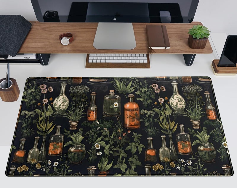 TENG DA QING Black Aesthetics Desk Mat Mouse Pad Large Gaming Mouse Pad Desk Pad Mousepad, Mystical Green Plant Computer Laptop Keyboard and Mouse Mat, Desktop Protector Mat for Women Girl Office 31.5x15.8 in - Image 5