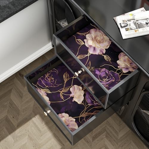 Fvlow Dark Floral Wallpaper Peel and Stick Purple/Gold Rose Flower Contact Paper Wall Paper Waterproof Self-Adhesive Wall Covering for Bedroom Countertop Desk Cabinets Decor Renter Friendly 17.4" x 118" - Image 4