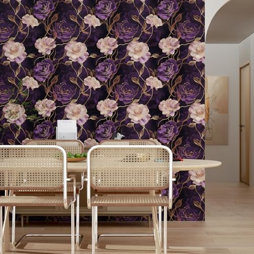Fvlow Dark Floral Wallpaper Peel and Stick Purple/Gold Rose Flower Contact Paper Wall Paper Waterproof Self-Adhesive Wall Covering for Bedroom Countertop Desk Cabinets Decor Renter Friendly 17.4" x 118" - Image 3