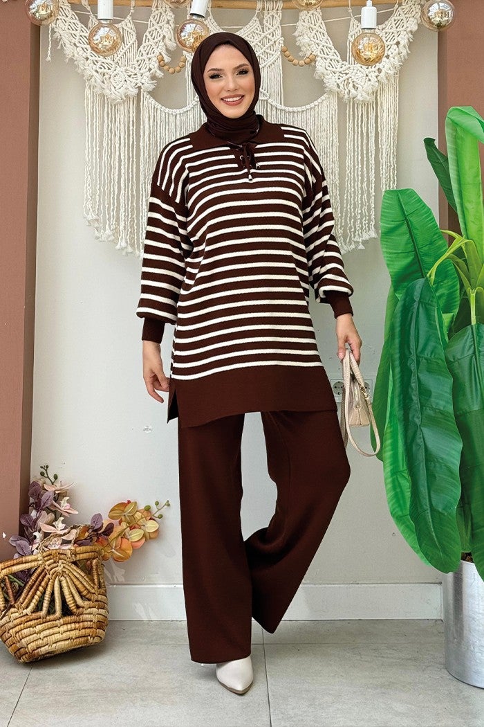 Bym Fashion Collar Tie Detailed Tunic and Trousers Two Piece Knitwear Set 2-1515 Brown  - Image 1