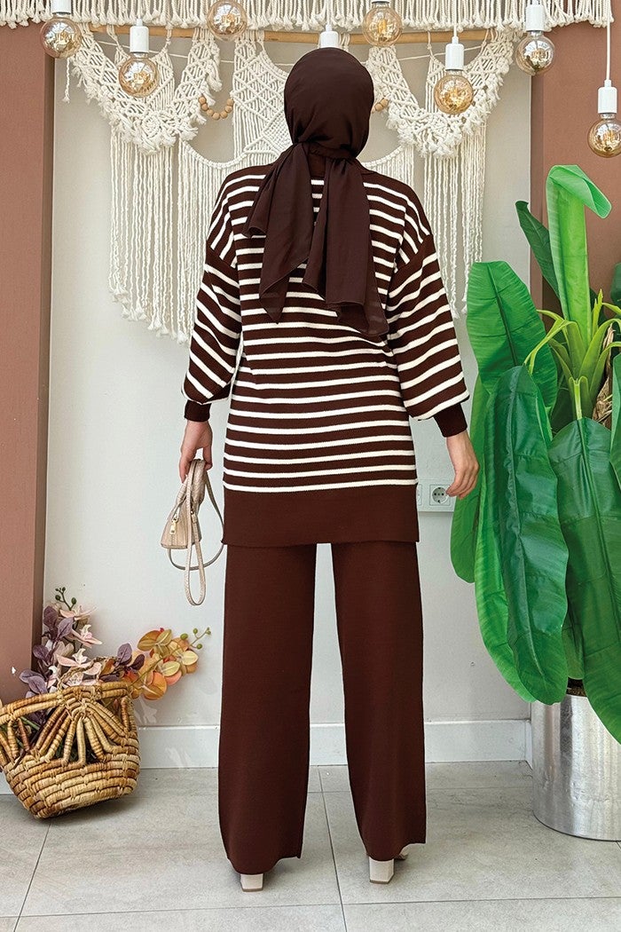Bym Fashion Collar Tie Detailed Tunic and Trousers Two Piece Knitwear Set 2-1515 Brown  - Image 2